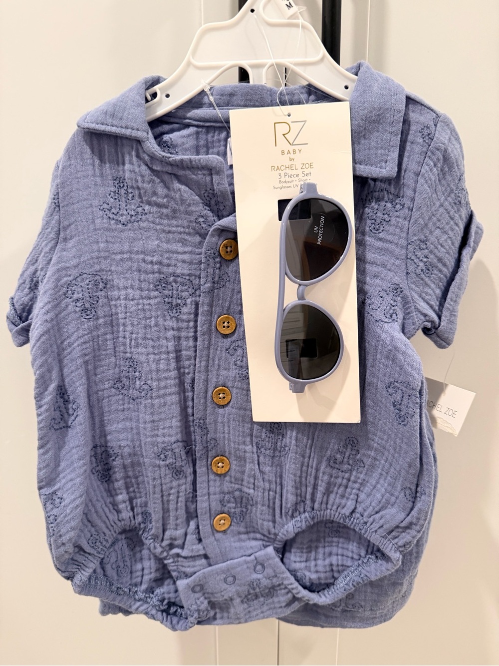 NWT Rachel Zoe Baby 3 Piece Blue Outfit Shorts Sunglasses 3-6M